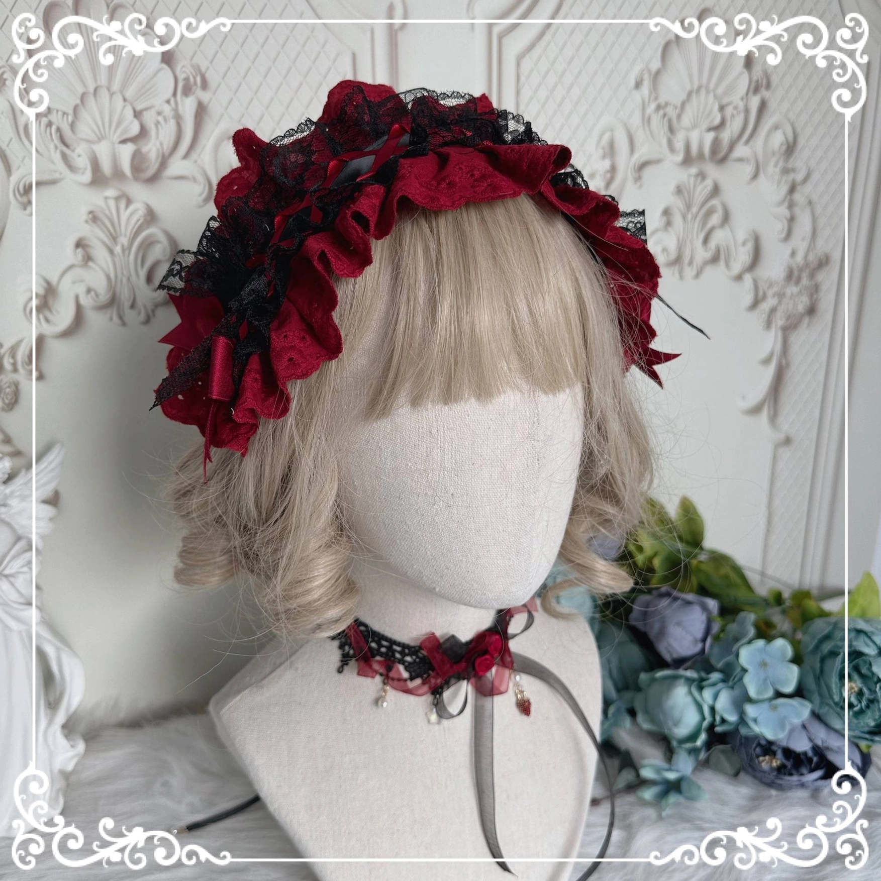 Gothic Lolita red lace headband and matching black choker set on mannequin with ruffled wine red lace, coordinating red-black choker necklace and elegant styling