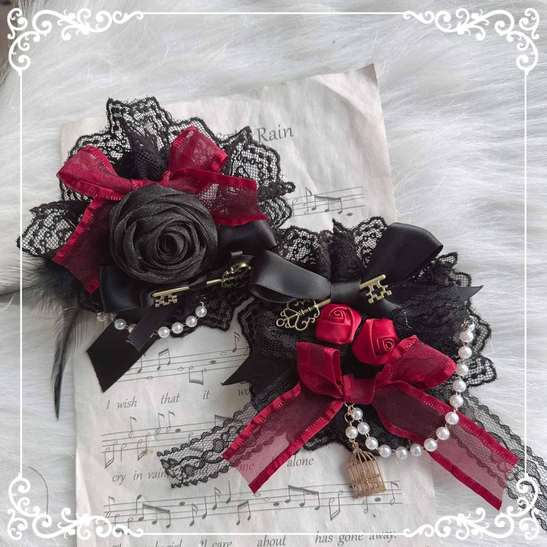Gothic Lolita red lace headband accessory with ruffled trim and crisscross strap design showing elegant ruffles and satin bow finishing detail