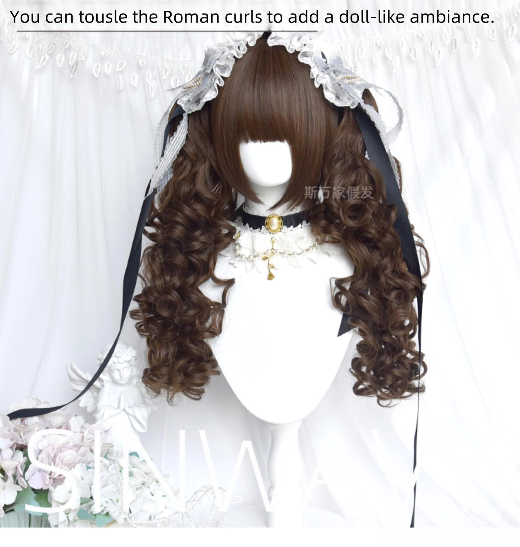 Gothic Lolita Roman curl wig front flat view with dark brown bangs and voluminous layered ringlet curls, styled with black ribbon choker, lace headband and pearl necklace