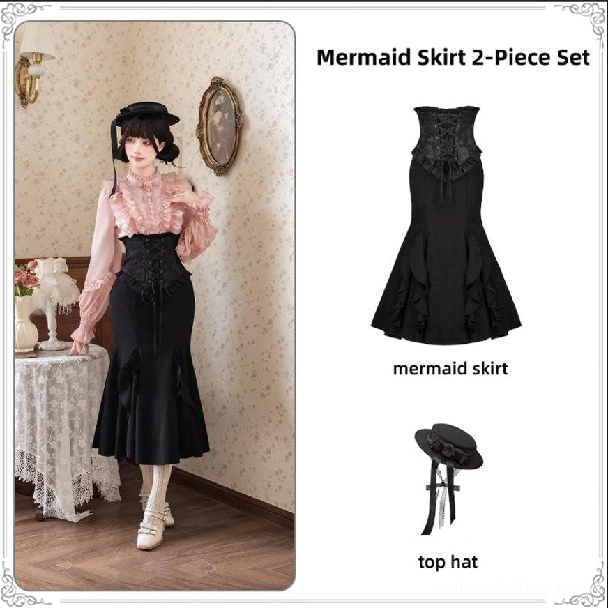 Gothic Lolita rose brooch accessory gold tone detail coordination with mermaid corset skirt outfit