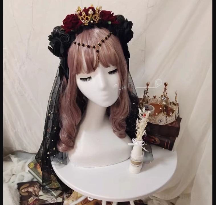 Gothic Lolita rose crown headdress black tulle veil dark red roses gold crown front view black border frame vintage aesthetic