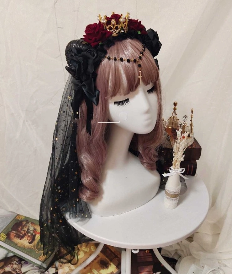 Gothic Lolita rose crown headdress with black tulle veil side view white border frame vintage table props dark red roses detail