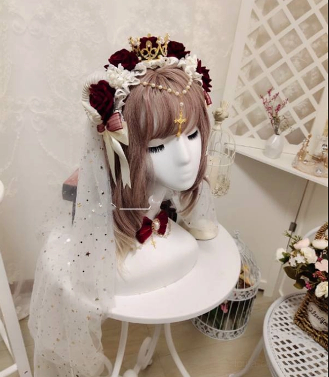 Gothic Lolita rose crown headdress with white star veil cross pendant dark red roses gold crown forechain lattice window backdrop