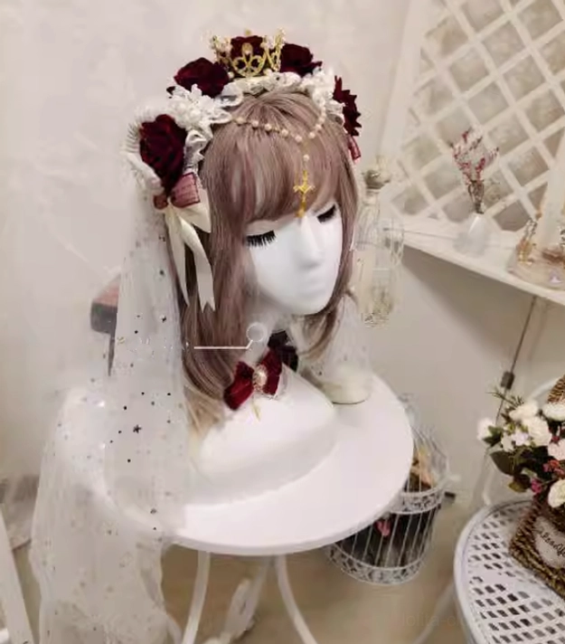 Gothic Lolita rose crown headdress with white star veil dark red roses gold crown cross pendant satin bows lattice window backdrop