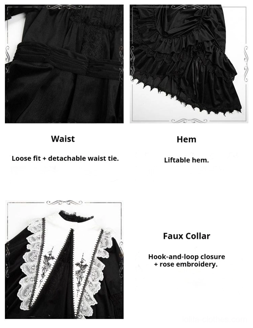 Rose-embroidered faux collar accessory for gothic lolita velvet OP dress featuring hand-detailed rose motifs and dark romantic aesthetic