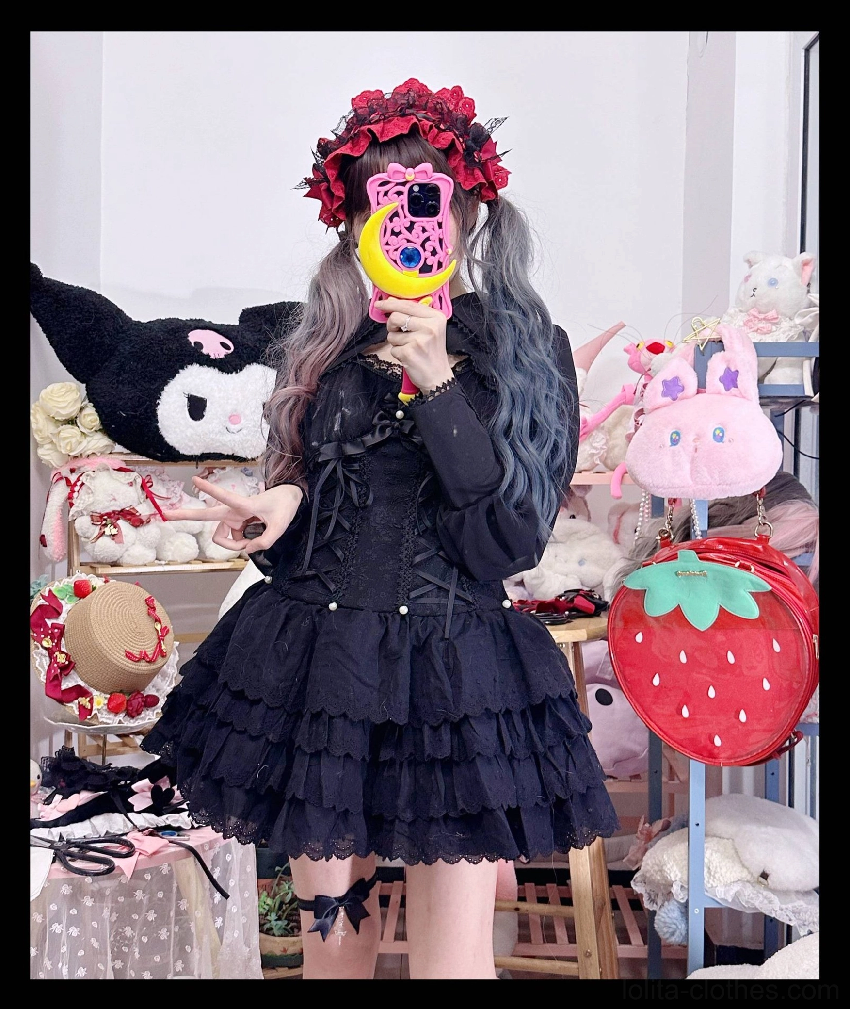 Handmade Gothic Lolita rose flower clip accessory with multi-dimensional artificial rose, lace backing and pearl chain embellishment for half-up hairstyles
