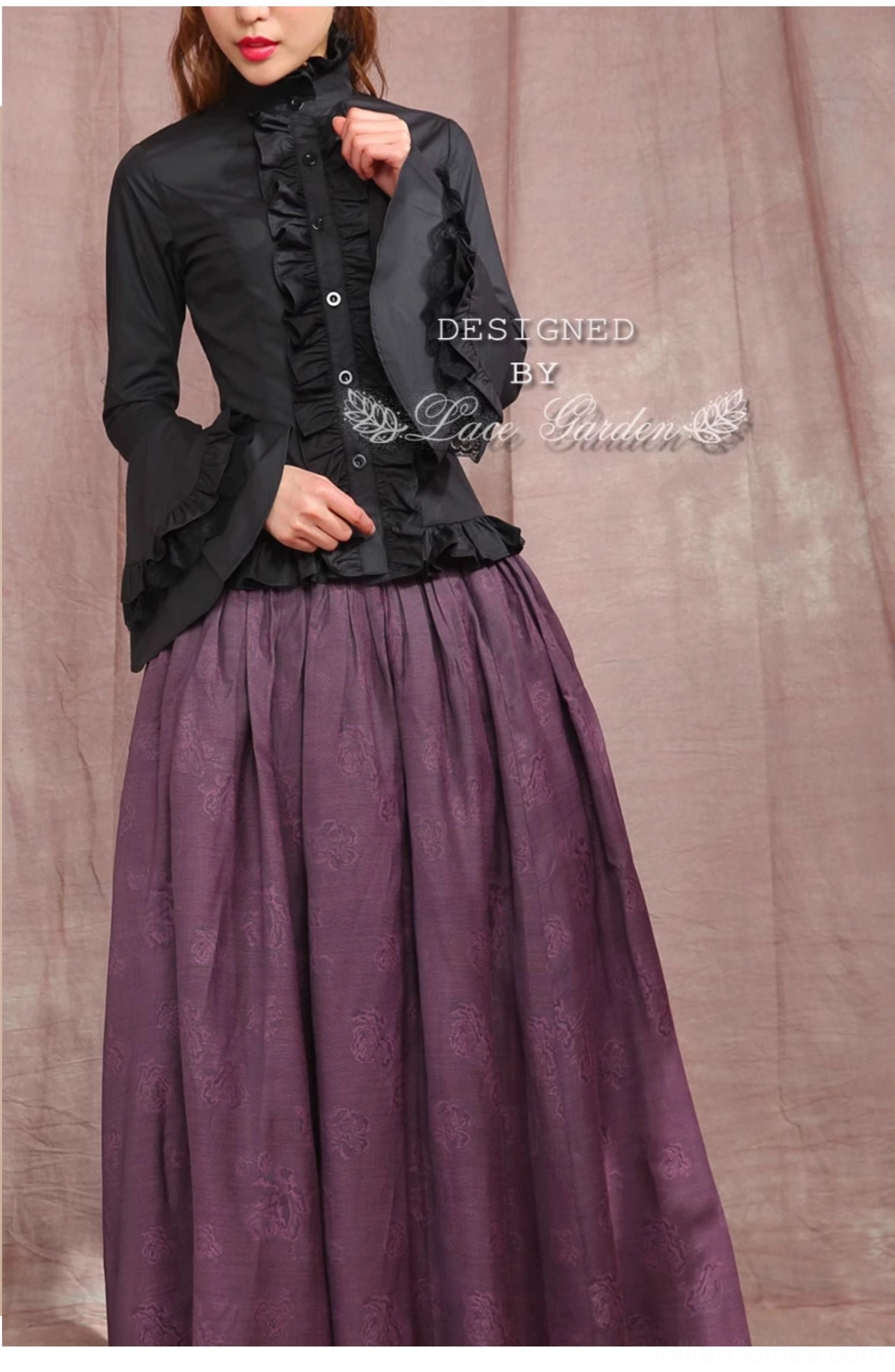 Black and white gothic lolita ruffled blouse color comparison swatch, high-density tencel cotton fabric texture close-up, both color options displayed