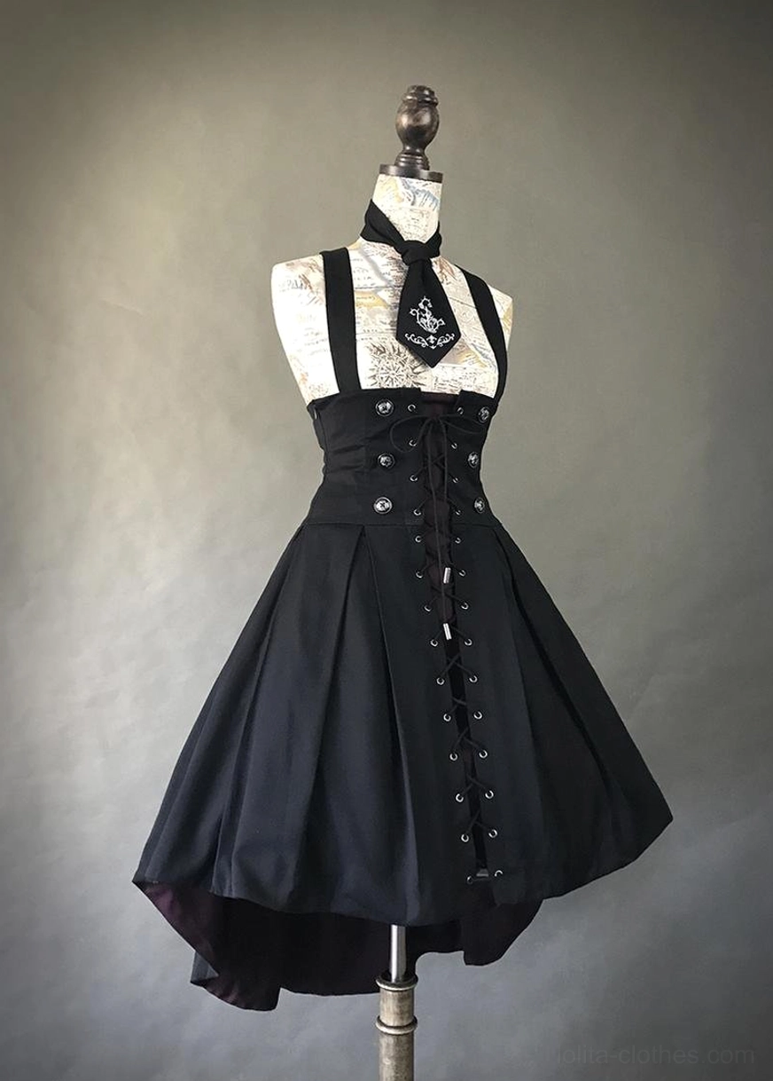 Gothic Lolita short A-line JSK jumper skirt asymmetrical solid black front lace-up corset flared silhouette matching necktie accessory