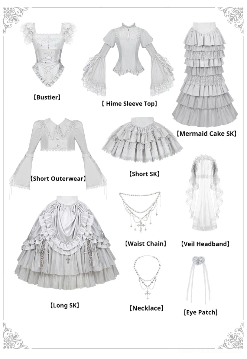 Gothic lolita short ruffled skirt architectural detail view showing multi-tiered ruffles structure tulle reinforcement hem construction