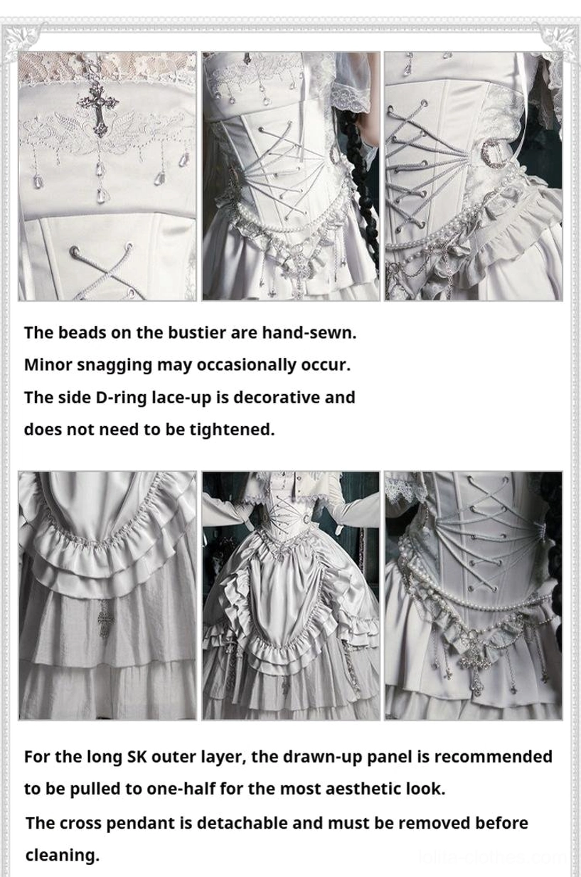Gothic lolita short skirt detail view showing ruffled tiers adjustable waist band hem circumference architectural construction