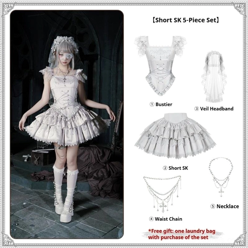 Short SK five-piece gothic lolita set single model full body shot including bustier short ruffled skirt veil headband waist chain necklace
