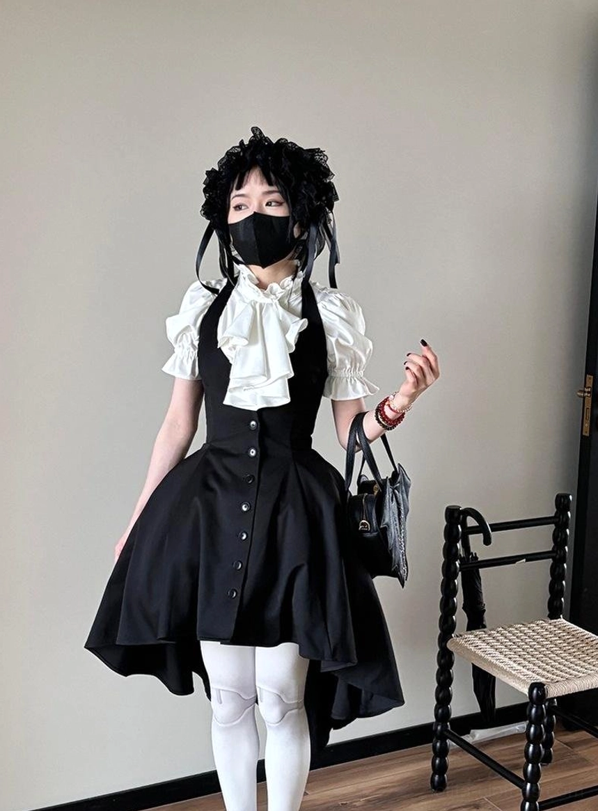 Multiple color variations of Gothic Lolita short-sleeve blouse displayed showing black stripes white stripes and white options