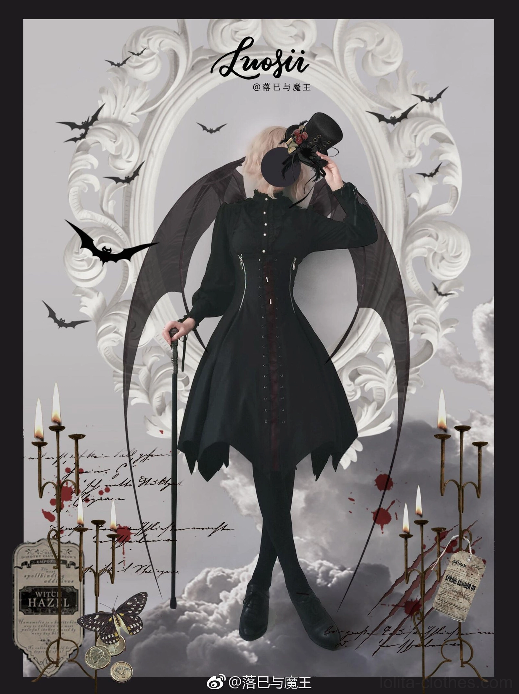 Gothic Lolita size guide chart showing measurements in centimeters and inches for all pieces