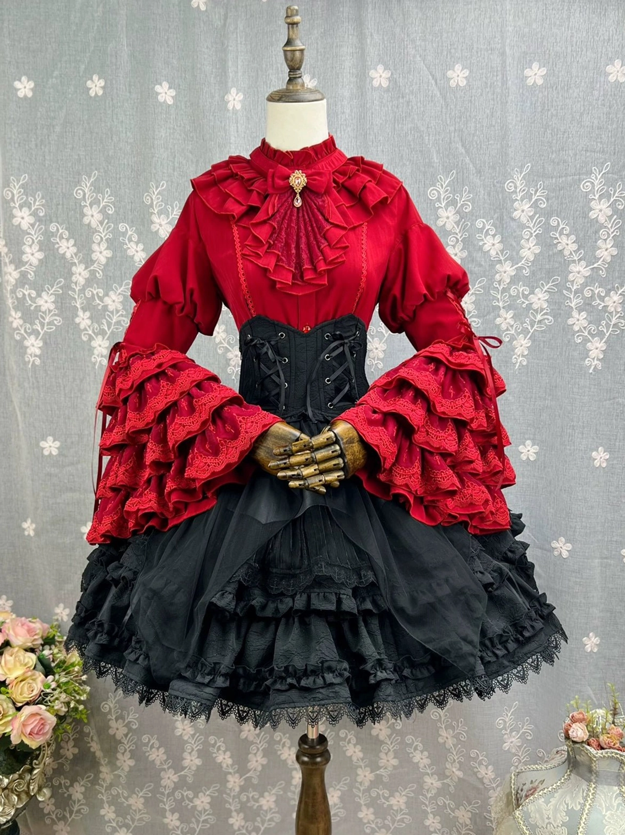 Gothic lolita sk dress set full ensemble showing coordinated black and white pieces with princess sleeves tiered ruffles and complete styling illustration