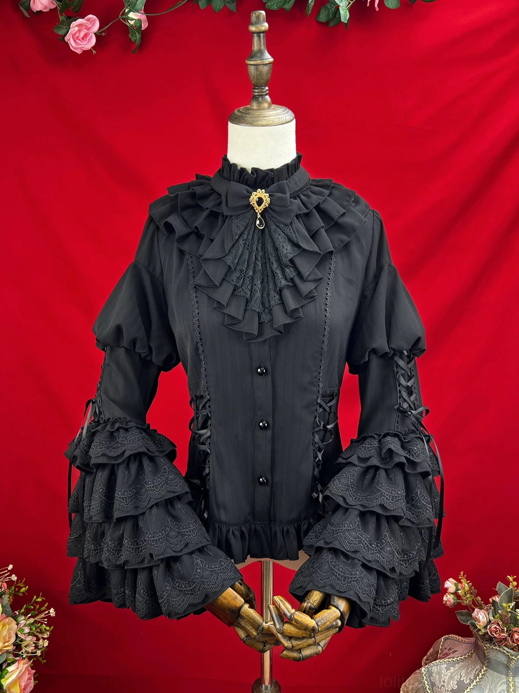 Gothic lolita sk dress ensemble detail showing lace ribbon accents delicate embellishments princess sleeve lace edging and refined tailoring construction