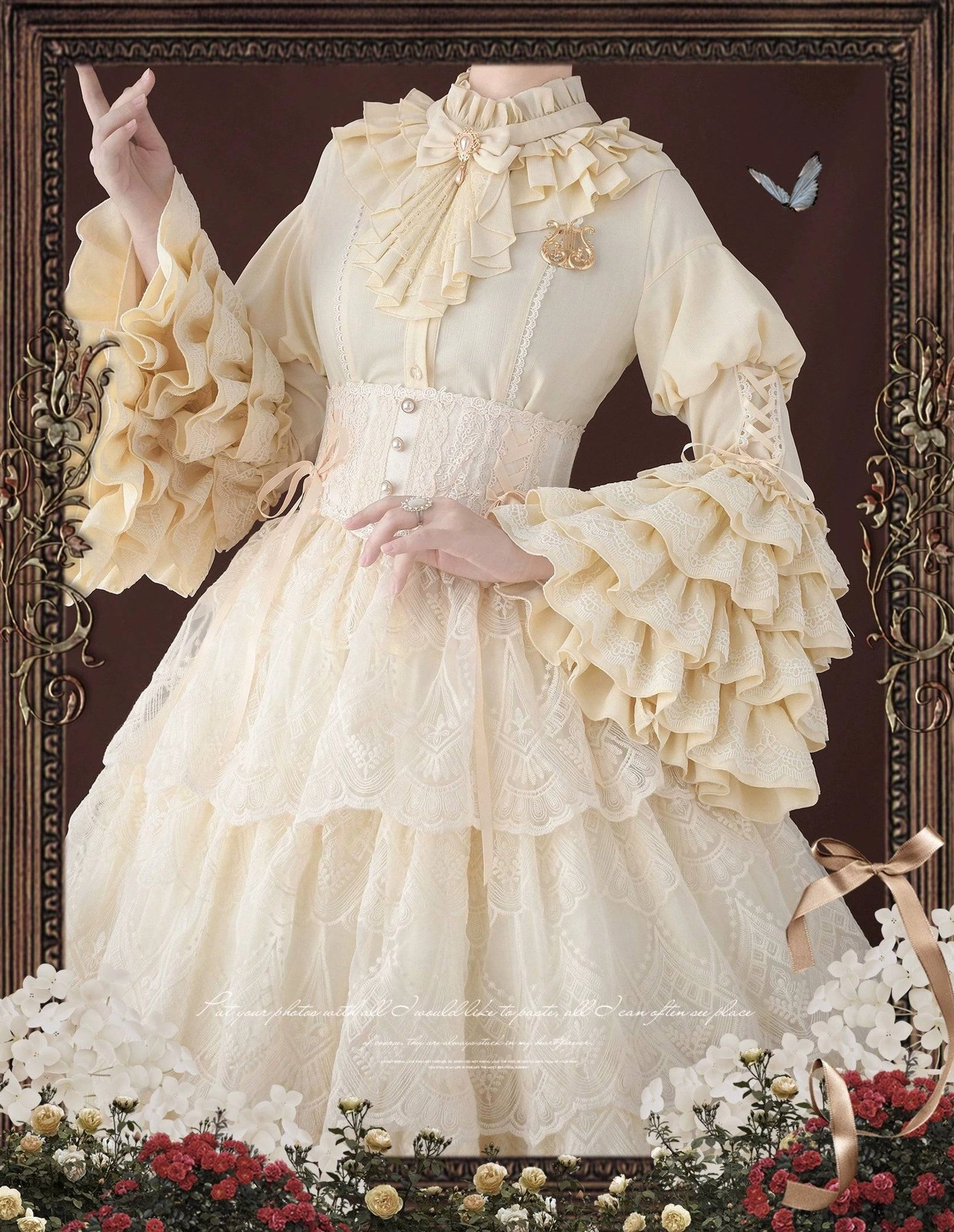 Gothic lolita sk dress set featuring princess sleeves black and white color contrast with intricate lace ribbon accents and tiered ruffle construction full view