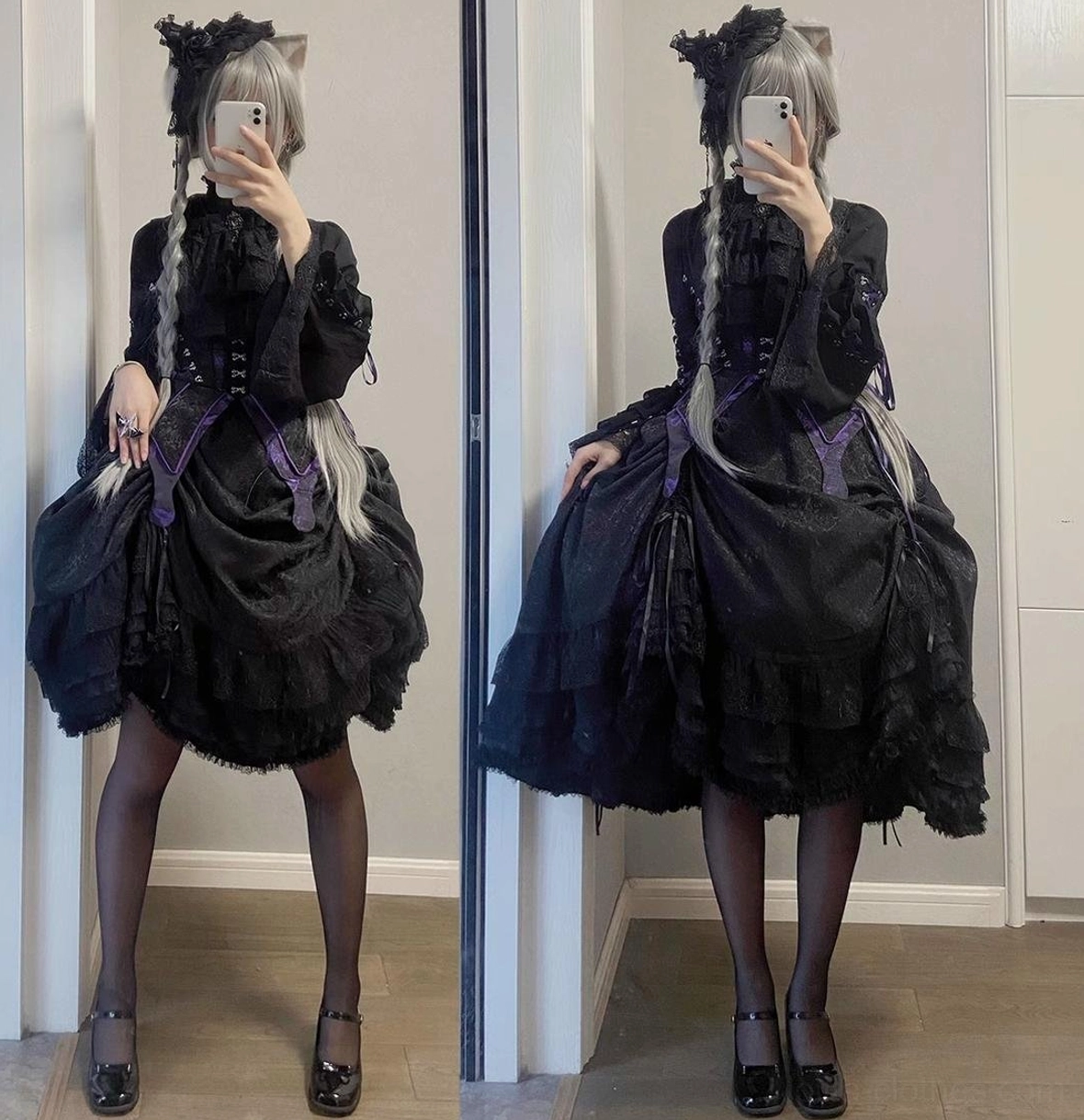 360-degree ruffled hemline detail of gothic lolita skirt showing multi-layered ruffle construction, layered lace overlay, dramatic volume and movement, formal gothic aesthetic