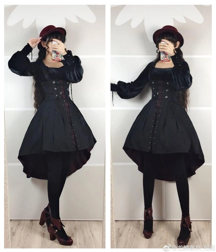 Gothic Lolita skirt waistband construction showing adjustable elastic straps and quality finishing