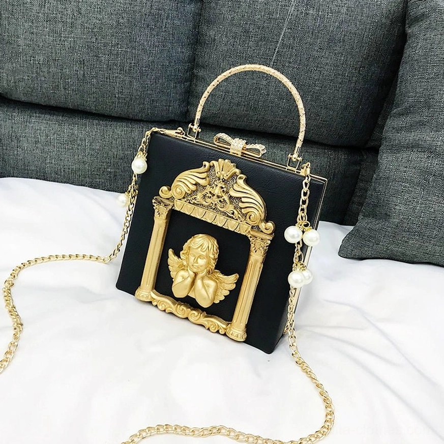 Black gothic lolita square crossbody bag angel pattern variant with gold baroque frame and pearl chain strap luxury details