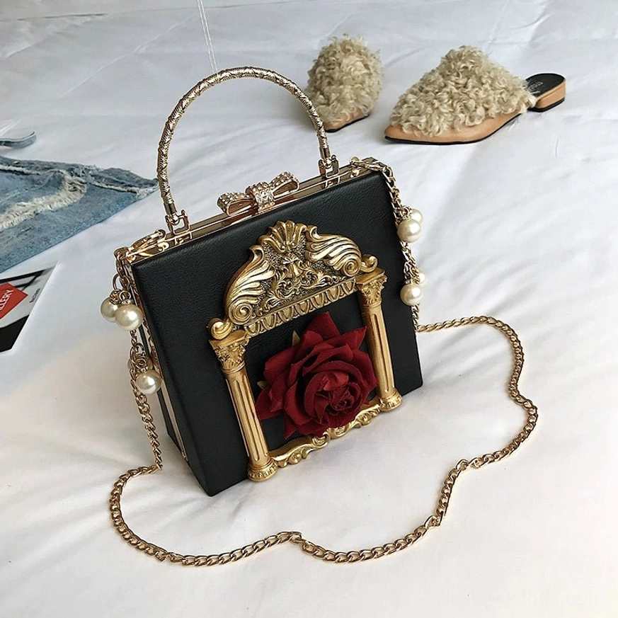 Black gothic lolita square crossbody bag with rose pattern embellishment red rose detail gold baroque metal frame