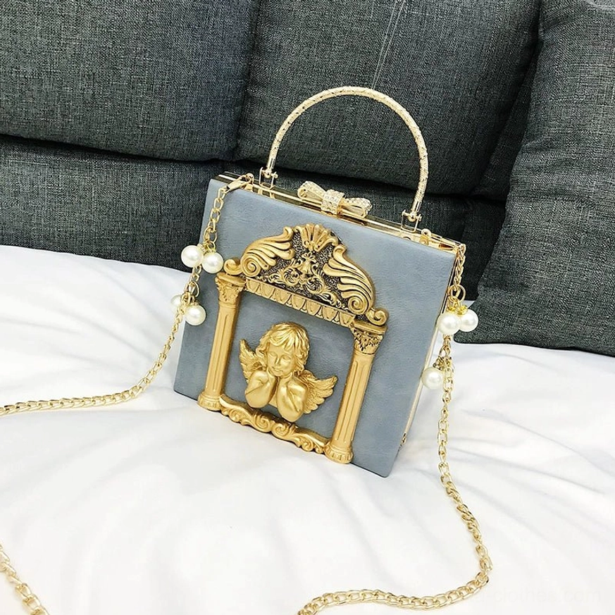 Blue gothic lolita square crossbody bag angel pattern variant with gold baroque frame and pearl adorned chain shoulder strap details