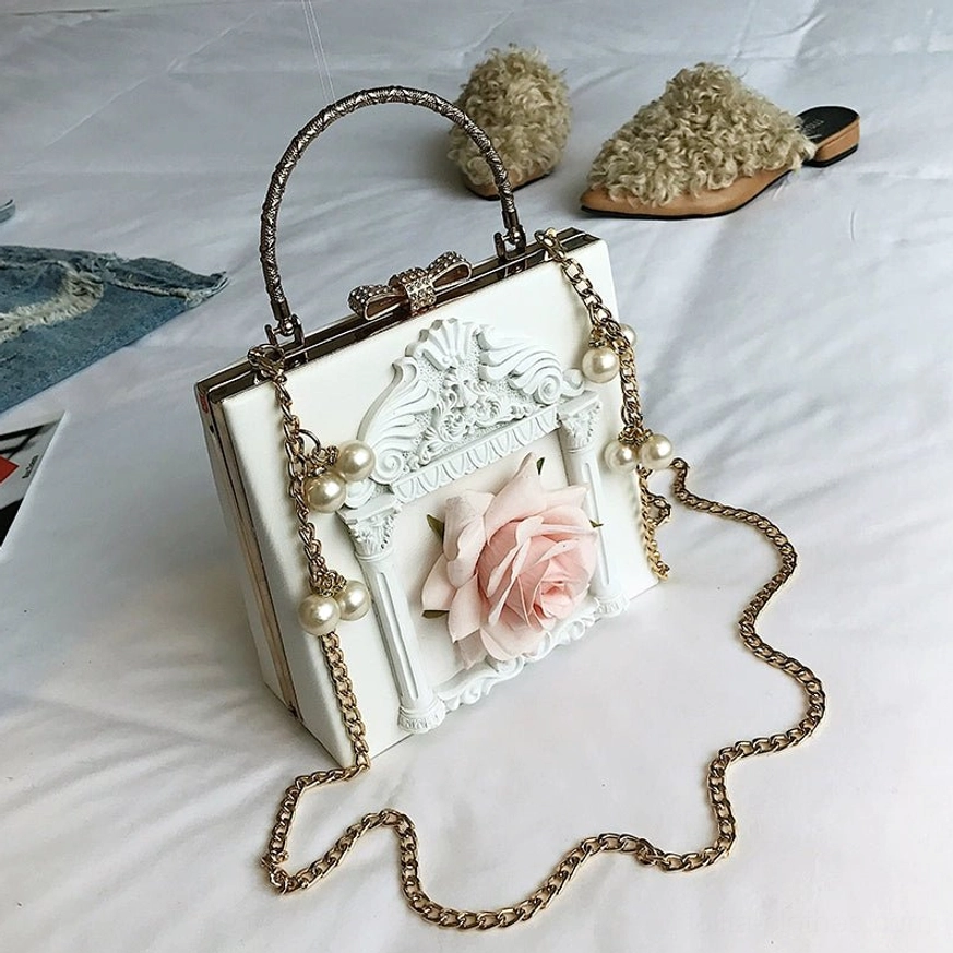 Off-white gothic lolita square crossbody bag with rose pattern pink embellishment white carved frame and pearl decorated handle