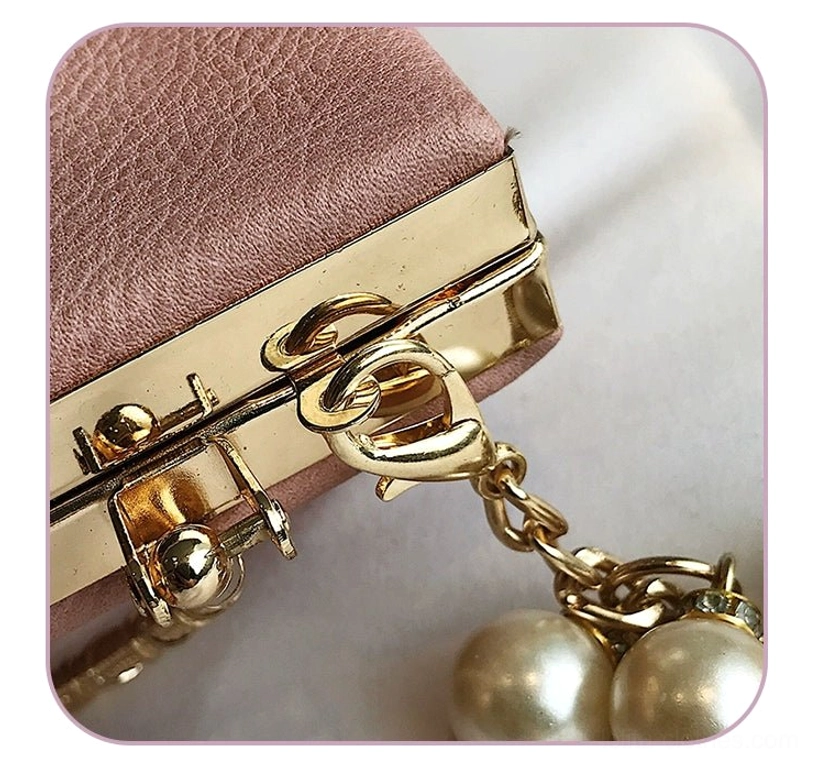 Gothic lolita square crossbody bag pearl chain strap detail showing luxury artificial pearl decoration and metal quality
