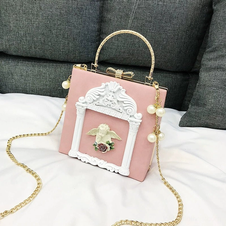 Pink gothic lolita square crossbody bag angel pattern variant with baroque metal frame and butterfly buckle closure ornamental details