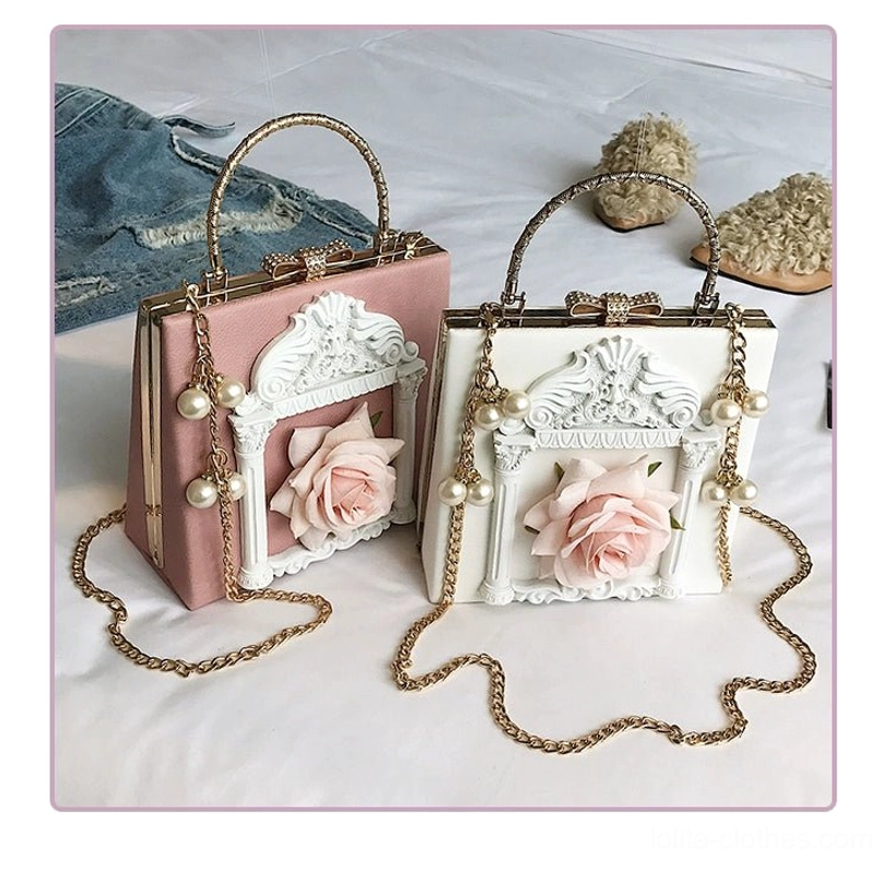 Gothic Lolita baroque square crossbody bag flat lay display featuring rose and angel pattern variants with gold and silver frames pearl chain straps on white background