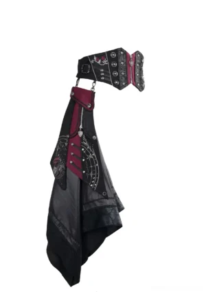Black Gothic Lolita waist cincher with wine red decorative trim and embroidered constellation pattern irregular drape fabric flat lay display with metal buckle details