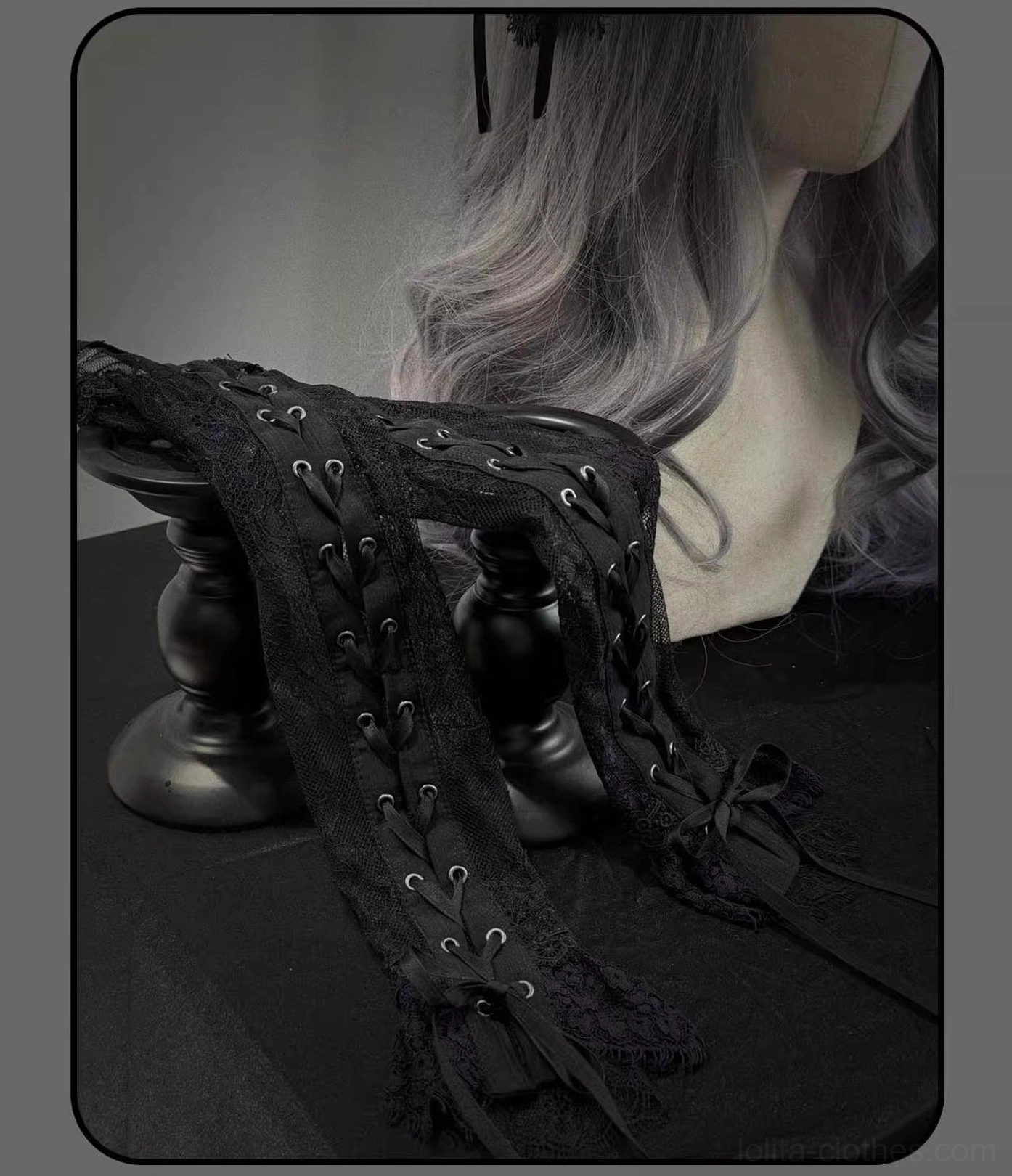 Gothic Lolita striped set showing adjustable drawstring and shirring control on blouse bodice