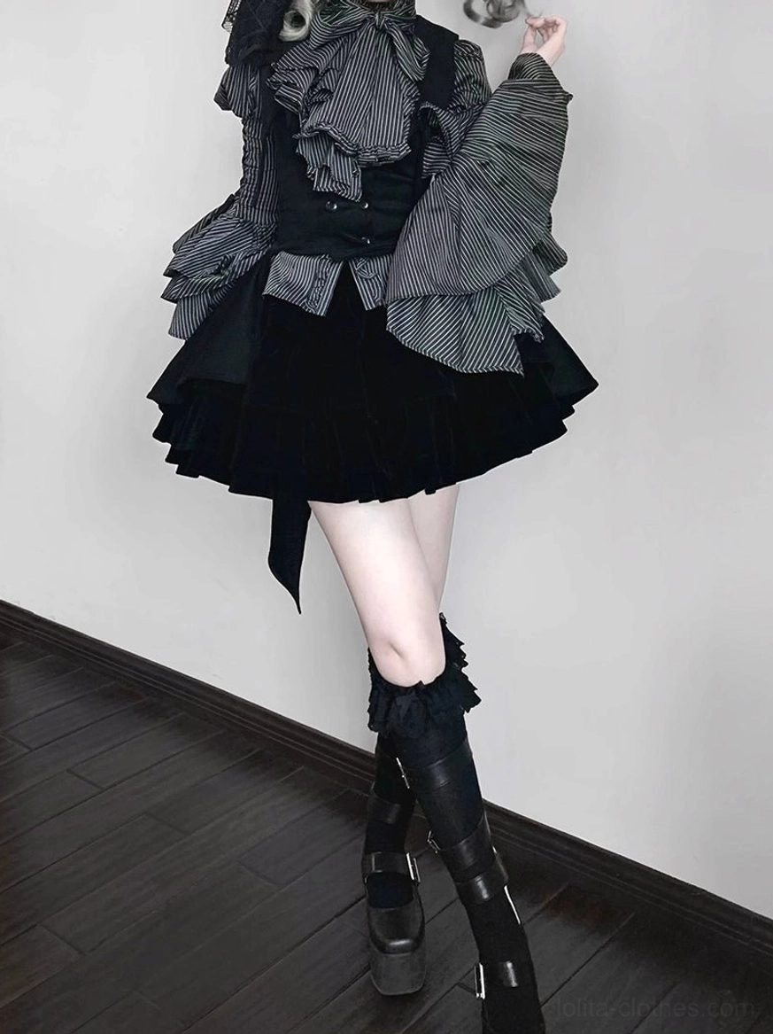 Alternative styling option for Gothic Lolita striped blouse worn with different skirt silhouette and accessories showing versatility of blouse across diverse Lolita coordinate combinations