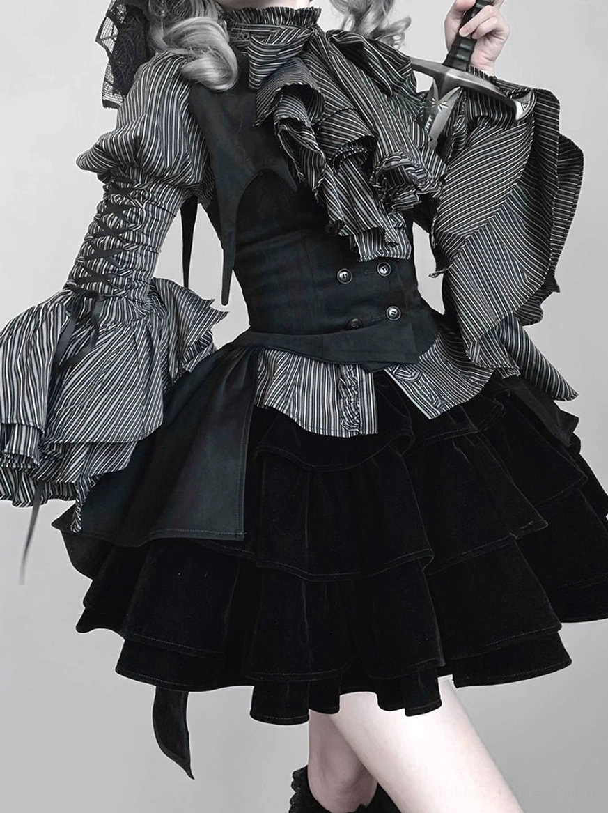 Back full-body view of Gothic Lolita striped blouse on person showing adjustable cross-tie back closure system and rear silhouette of puffed sleeves and fitted waist