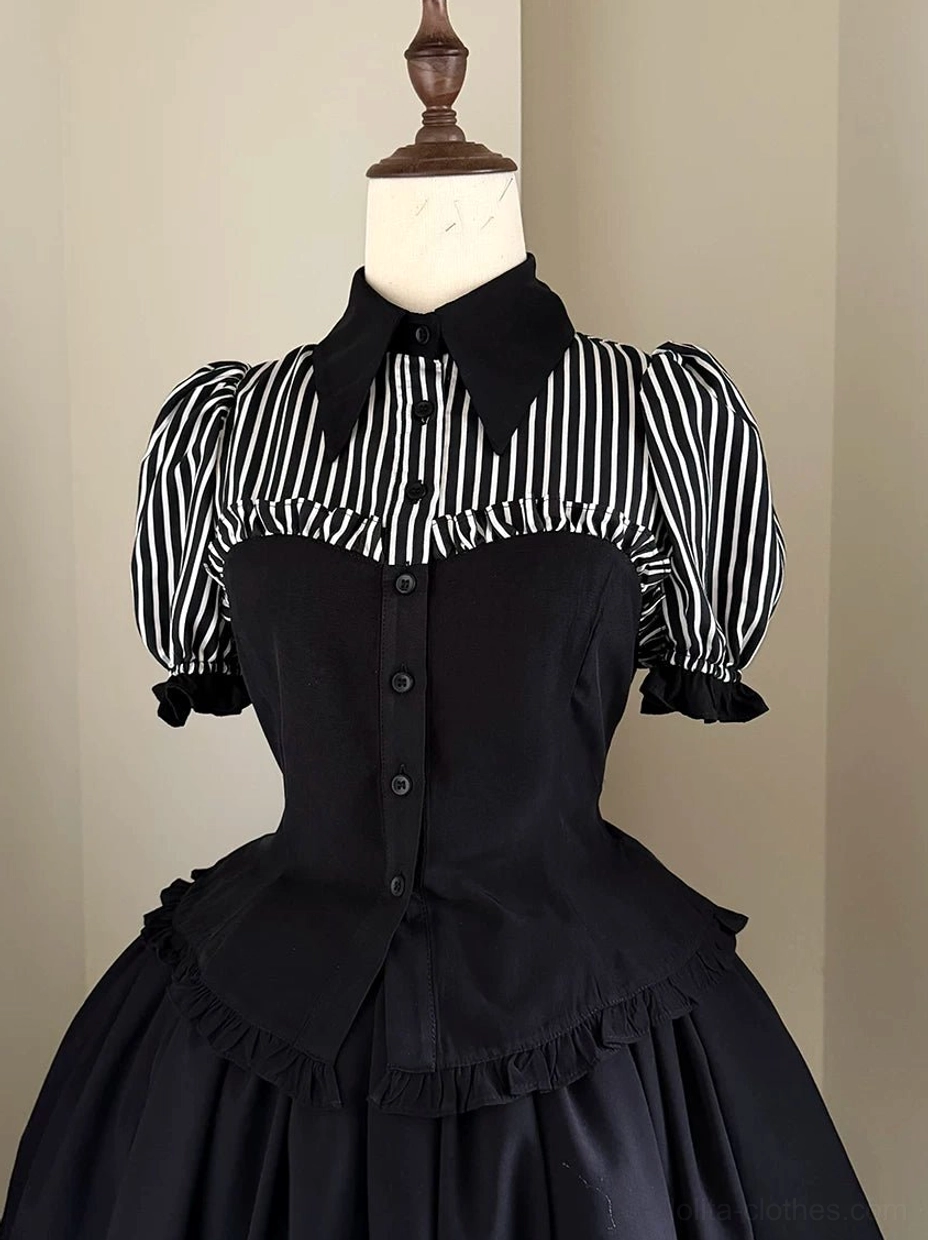 Gothic lolita striped patchwork blouse and full black skirt coordinated set front display showing complete elegant outfit aesthetic