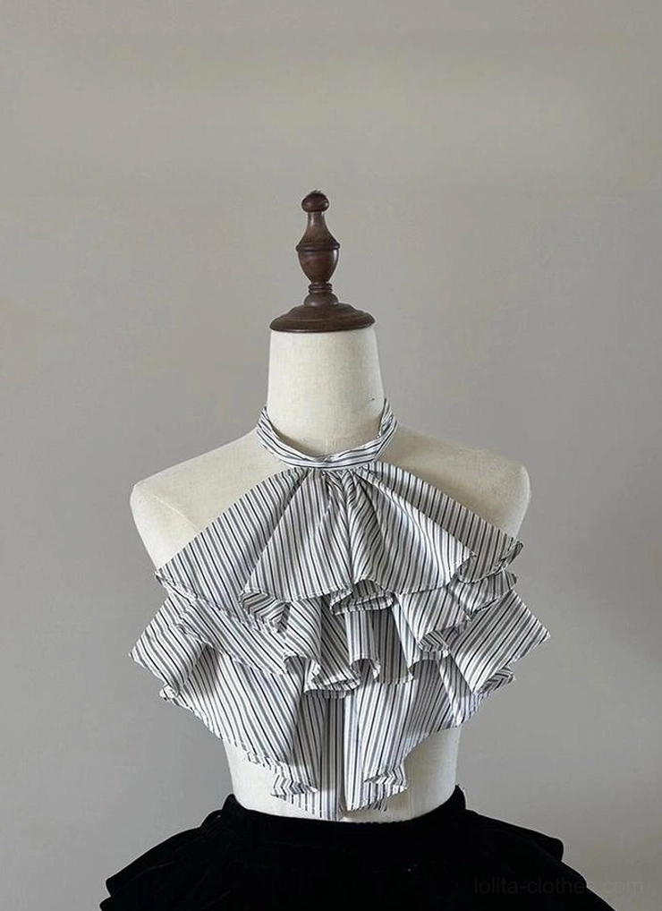 Construction detail showing seams and stitching quality of Gothic Lolita striped blouse demonstrating craftsmanship and durability of premium Lolita garment