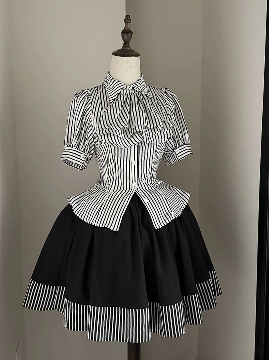 Gothic lolita striped blouse and striped hem skirt coordinate set stand collar front ruffled bib fitted waist peplum full gathered skirt