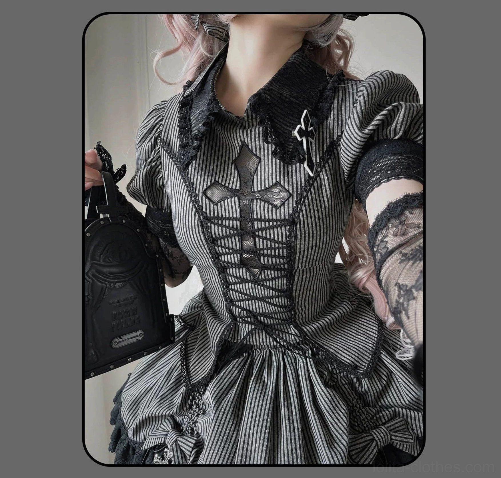 Peter Pan collar detail on striped Gothic Lolita blouse with lace trim and front drawstring control system