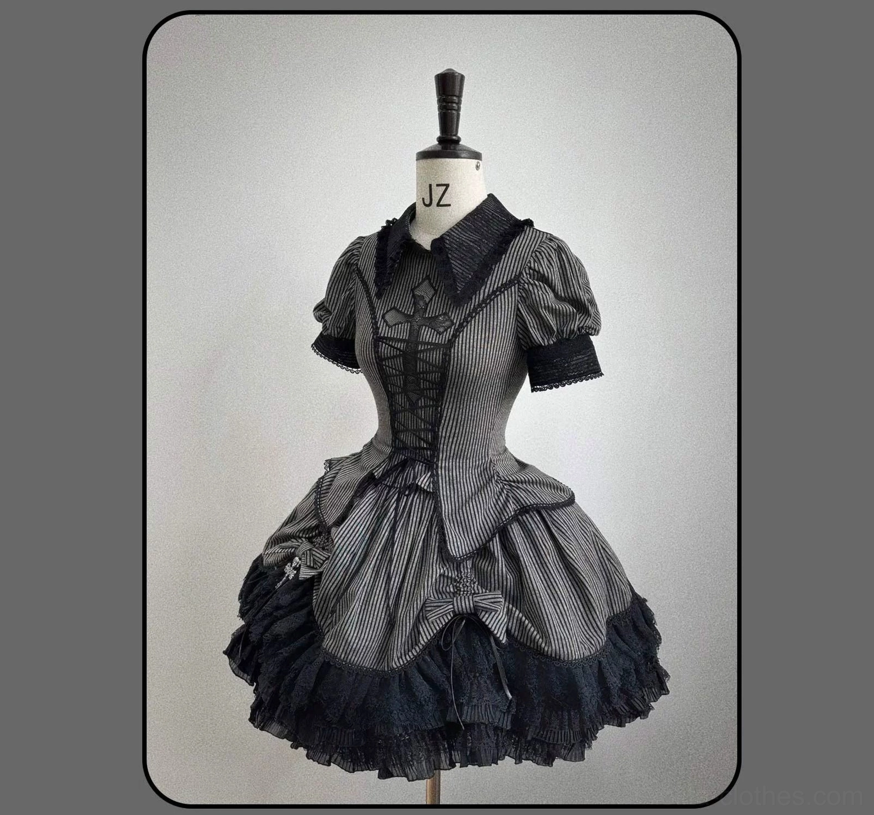 Striped Gothic Lolita coordinated set showing blouse-skirt transition and ruffled tier construction