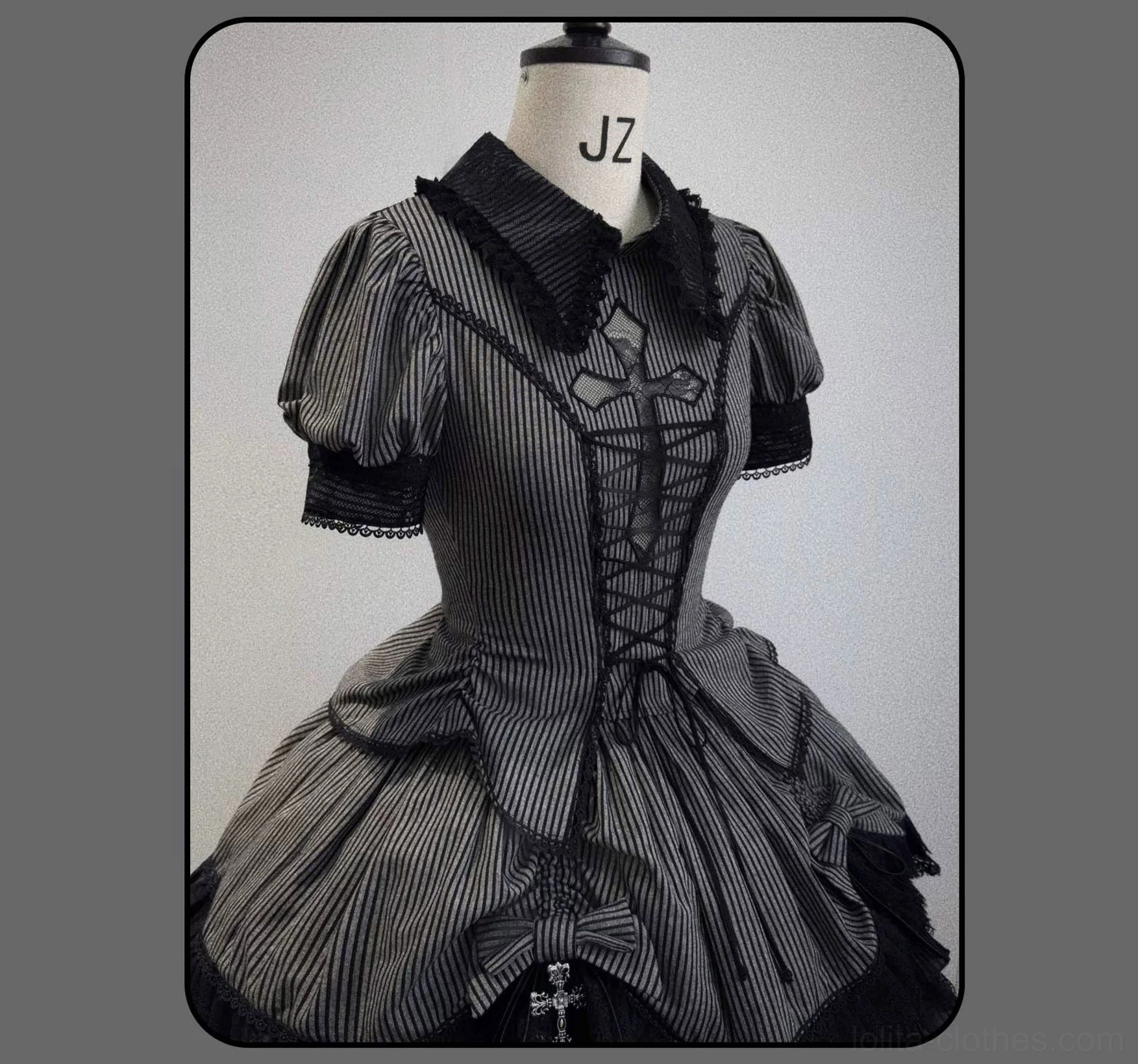 Dark gray striped Gothic Lolita outfit featuring vertical pattern consistency across blouse and skirt pieces