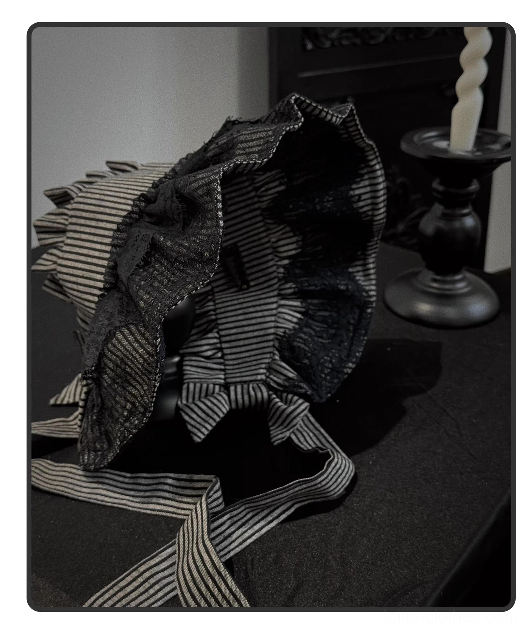 Dark gray striped Gothic Lolita blouse and skirt with vertical stripe pattern and lace accents