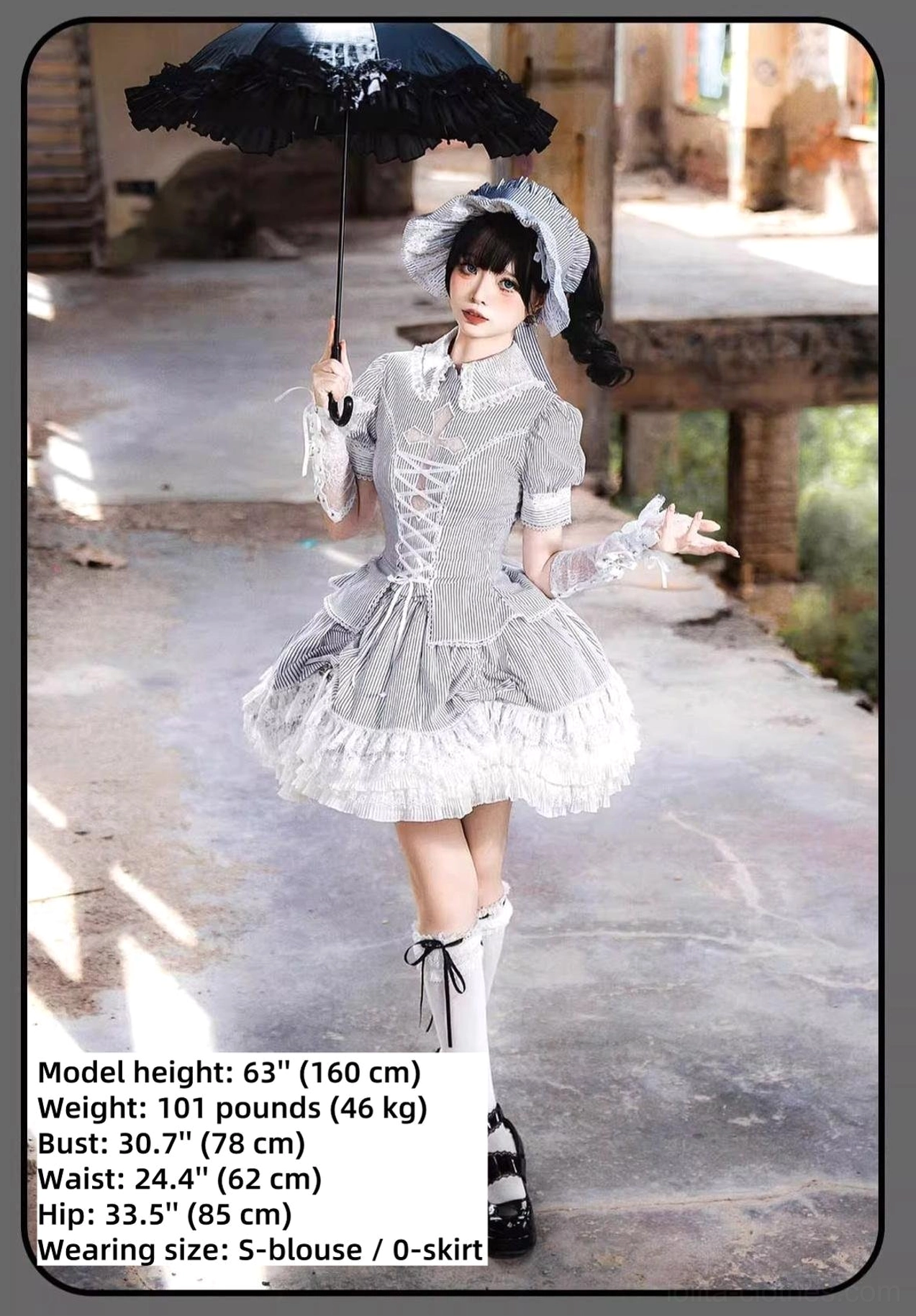 Gothic Lolita striped coordinate styled with optional lace gloves and platform boots for complete aesthetic