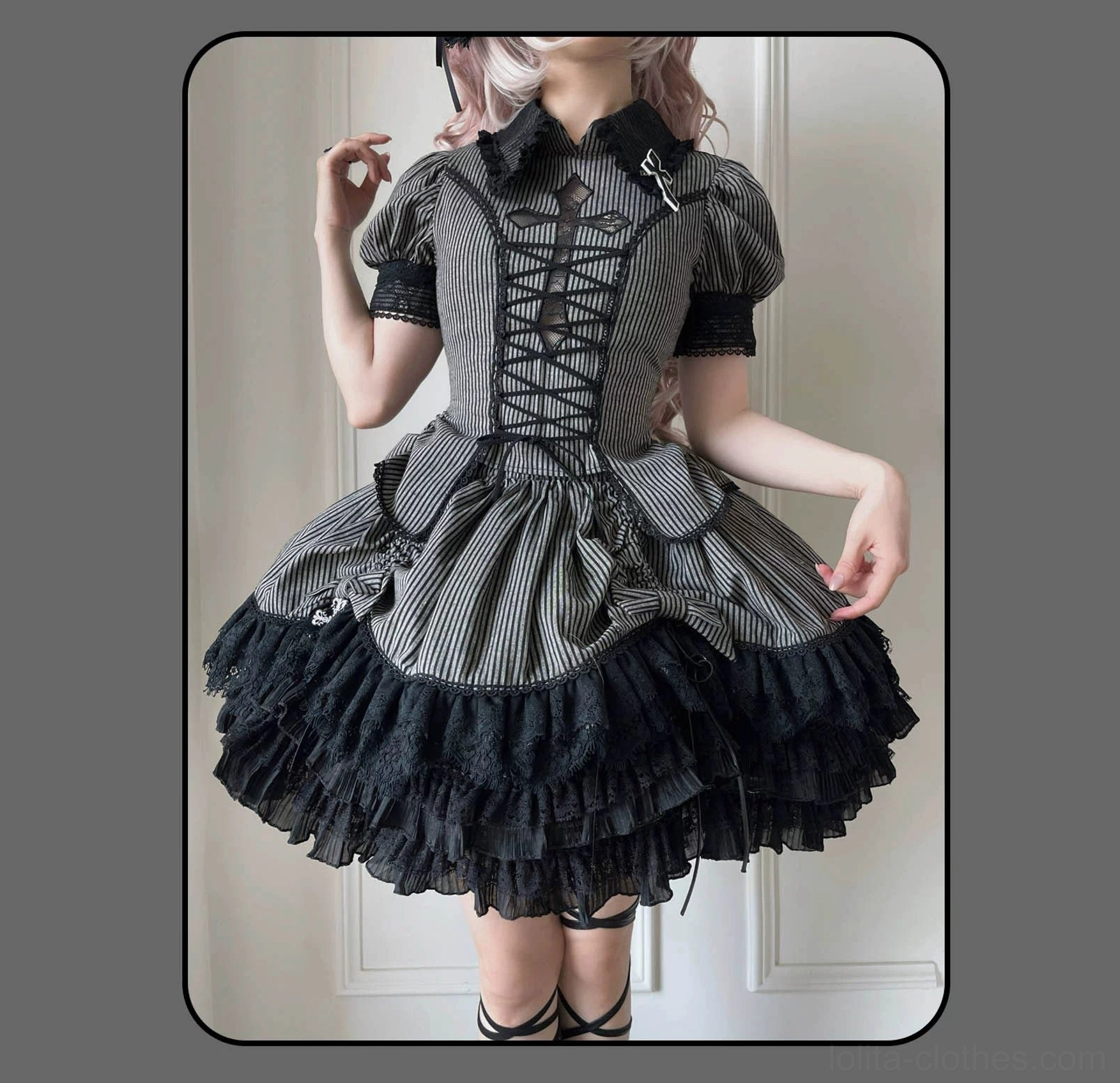 Striped Gothic Lolita coordinated set featuring lace-embroidered cross and premium construction details