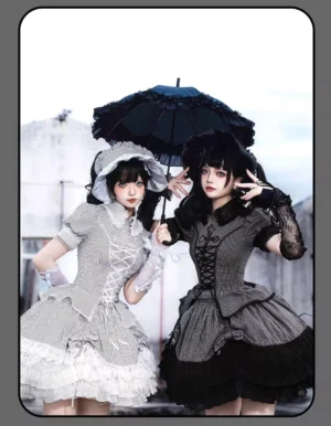 Two-piece striped Gothic Lolita outfit in black and light gray colorway, front three-quarter group shot showcasing coordinate variations with outdoor architectural background