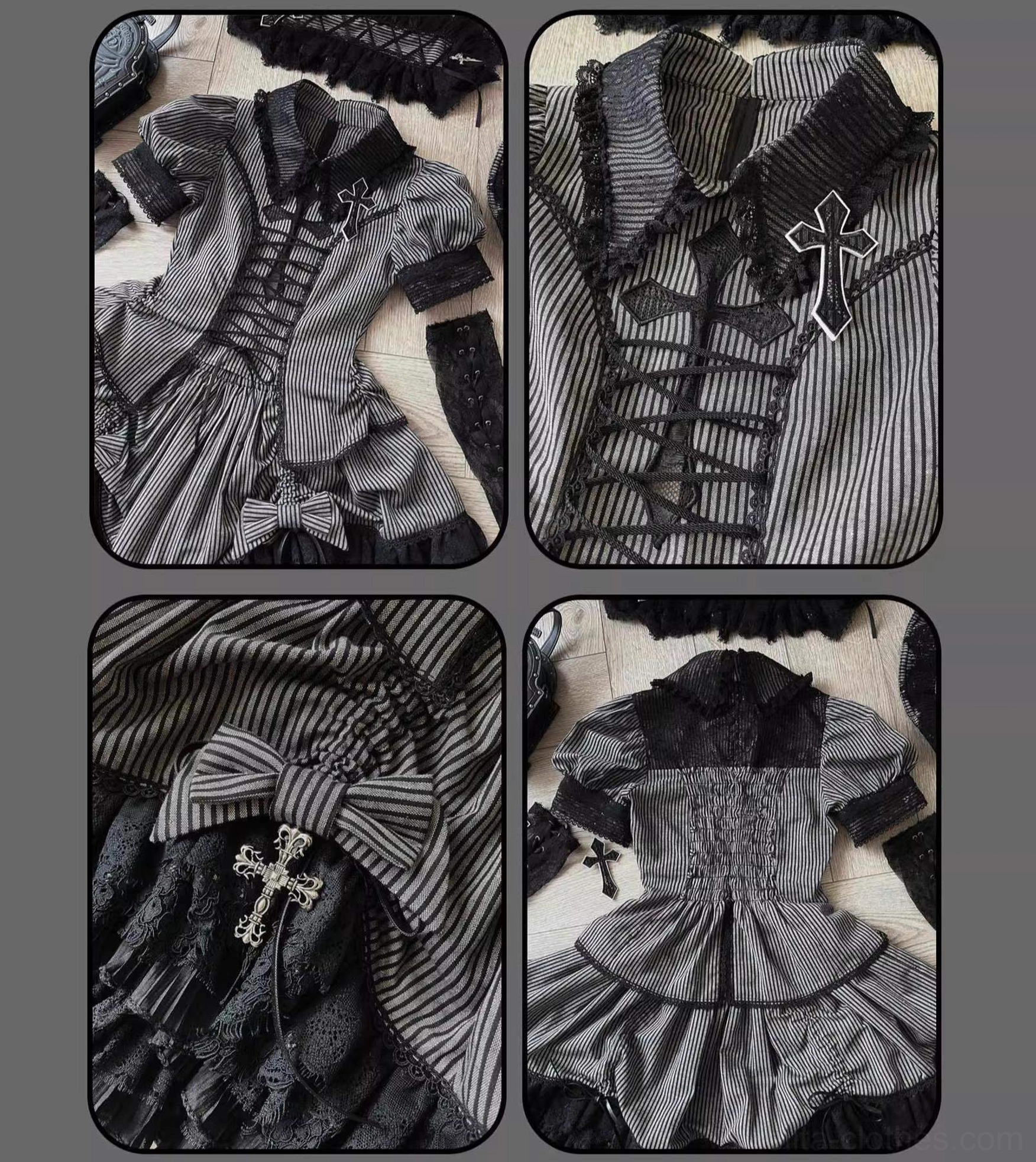 Gothic Lolita striped set showing yarn-dyed fabric color depth and textile quality comparison