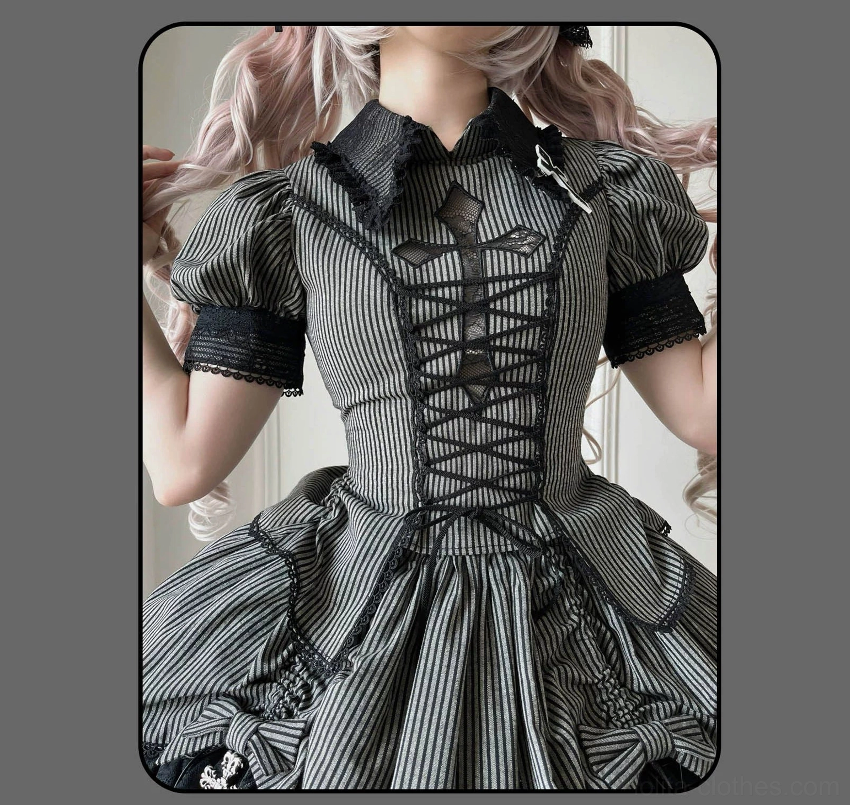 Striped Gothic Lolita two-piece set yarn-dyed fabric and lace detailing closeup texture