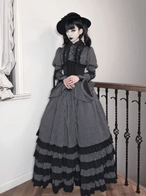 Gothic lolita striped blouse skirt and corset full set front view worn by model with black top hat and vertical stripes