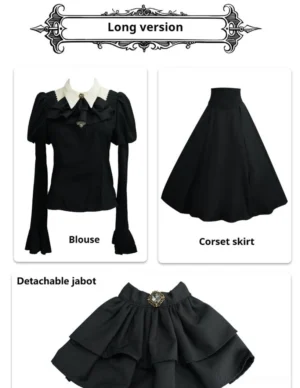 Gothic lolita long ensemble flat lay display showing separated puff-sleeve blouse high-waisted black corset skirt white collar and detachable ruffled jabot with metal brooch