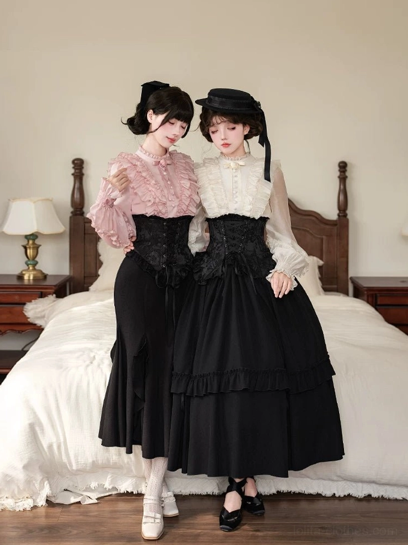 Gothic Lolita elegant tiered ruffled mermaid skirt corset set front standing full-body view with vintage hats and leather shoes bedroom