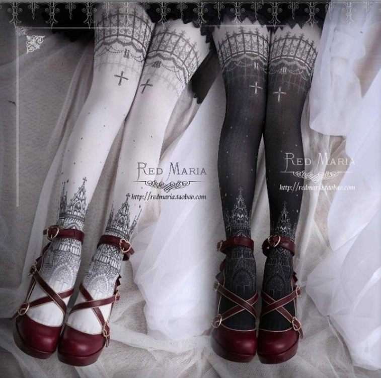 gothic-lolita-over-knee-tights-worn-on-legs-white-and-black-color-options-paired-with-wine-red-mary-jane-shoes-lace-cuff-detail-church-print-design-white-sheer-fabric-background
