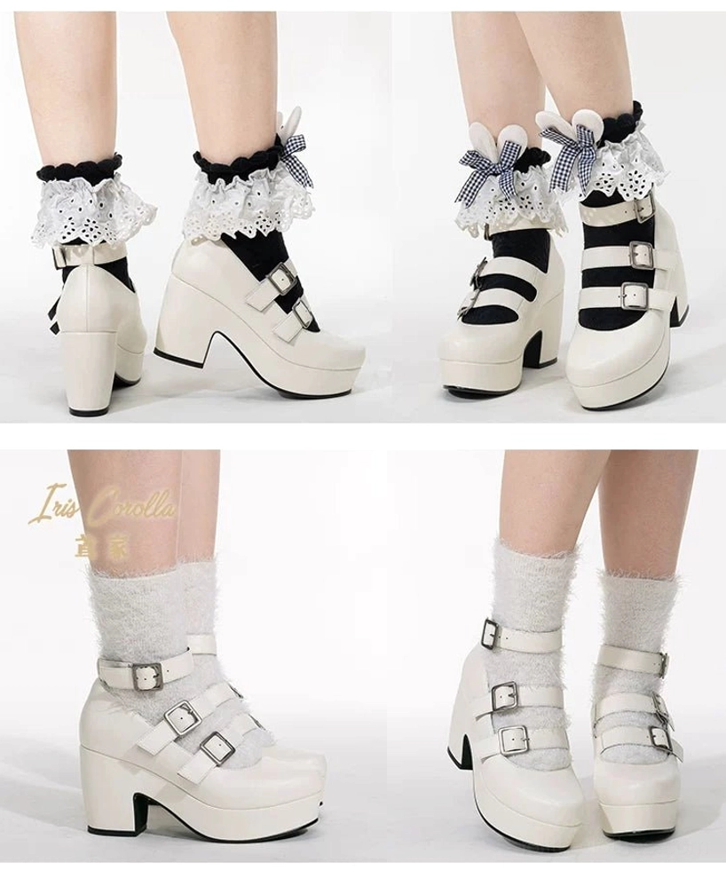 Gothic Lolita platform heel shoes styling inspiration shot multiple color variations black white silver-grey on models with coordinated Lolita outfits and accessories